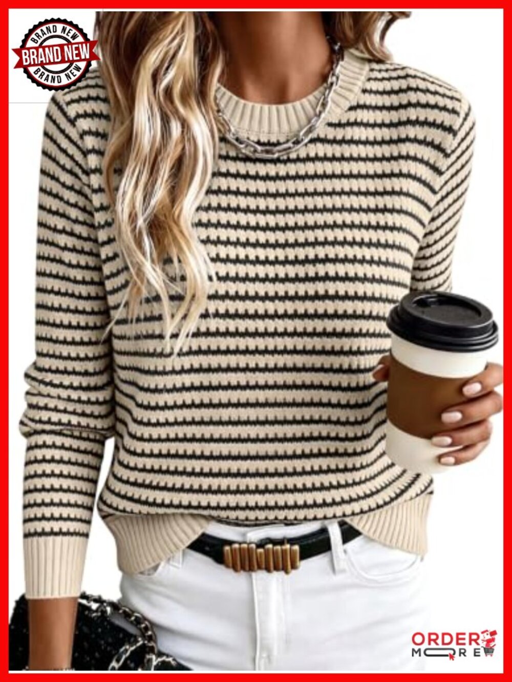 Women's Long Sleeve Striped Crochet Knit Pullover Sweater Crew Neck